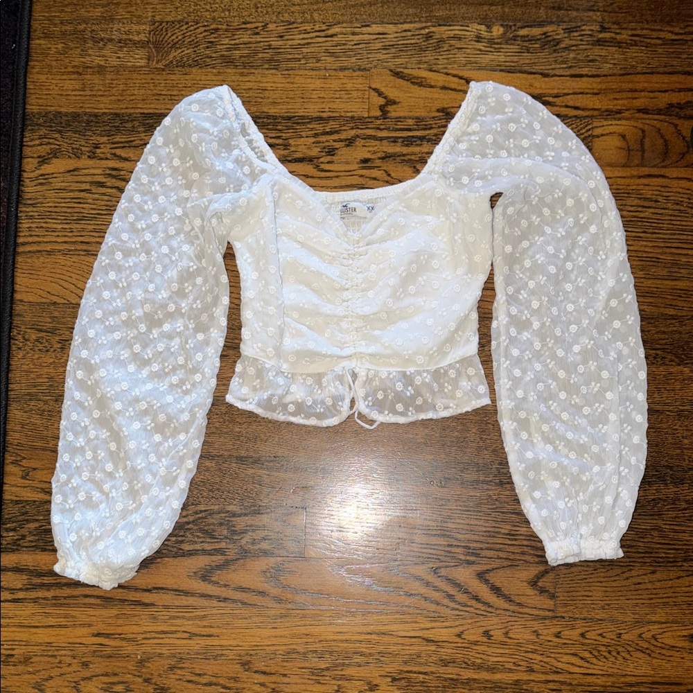 Hollister White Floral Blouse with Puff Sleeves
